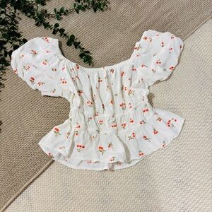 SO Cherry Print Puff Sleeve Blouse - White